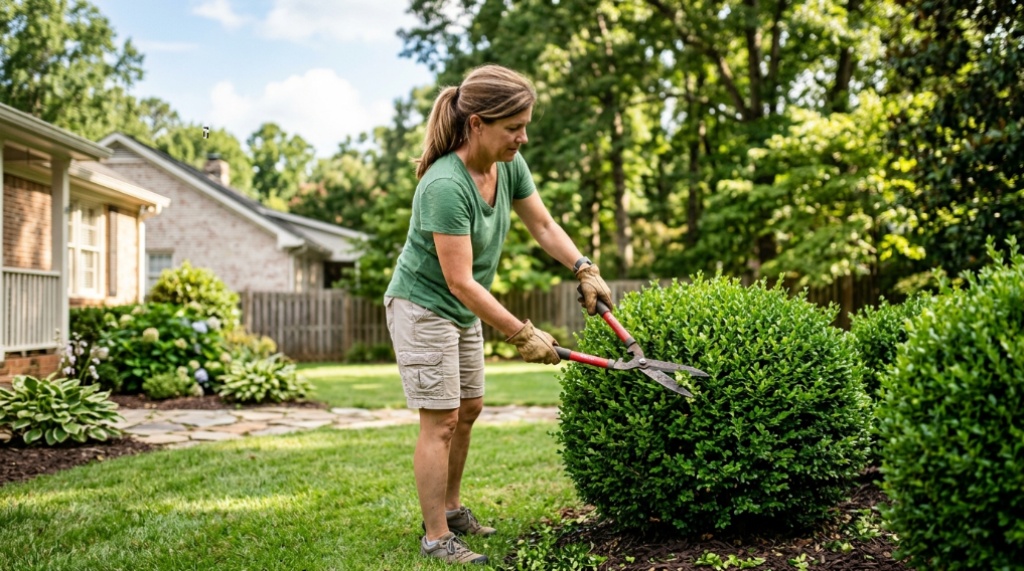Homeowner trimming green shrub in sunny Georgia backyard.