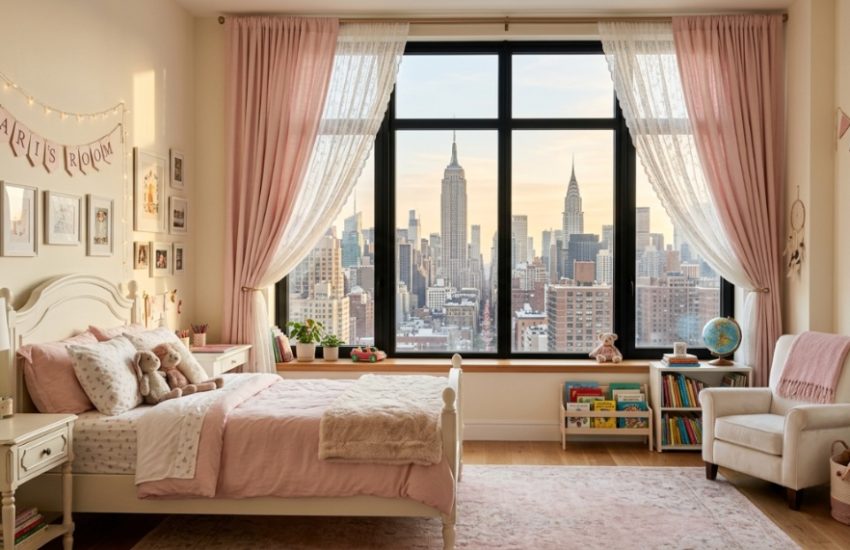 Sunlight filters through modern sheer curtains in a stylish New York City girls bedroom.