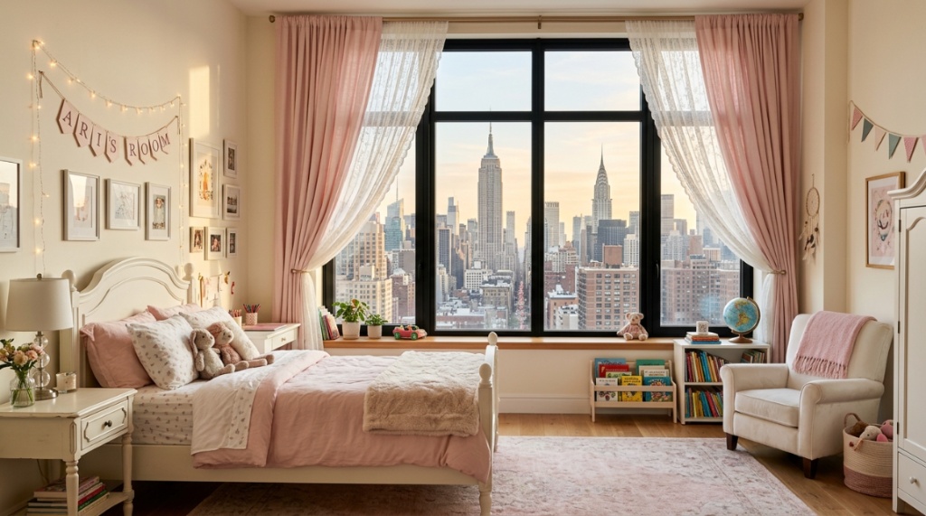 Sunlight filters through modern sheer curtains in a stylish New York City girls bedroom.