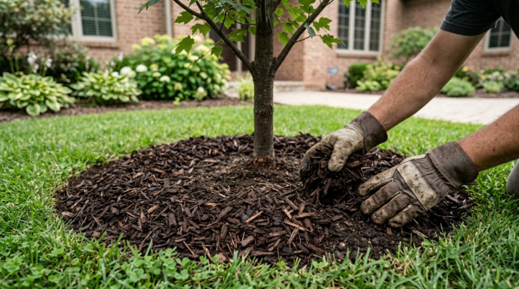 Fresh brown mulch applied around base of young yard tree.