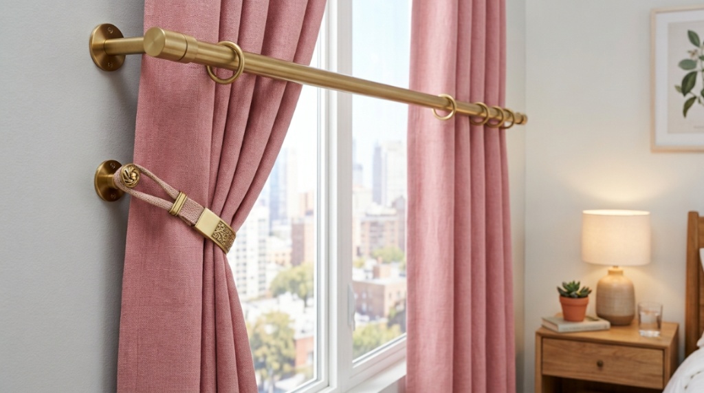 Cute pink blackout curtains installed in a vibrant child bedroom.