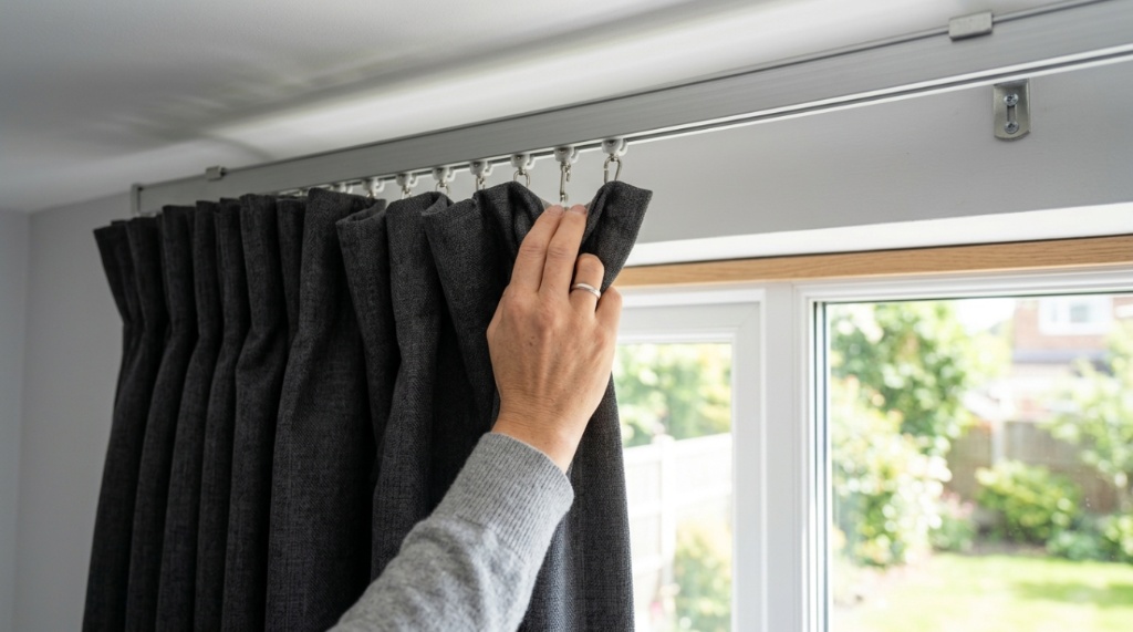 Person sliding back thermal blackout curtain panels on a track.